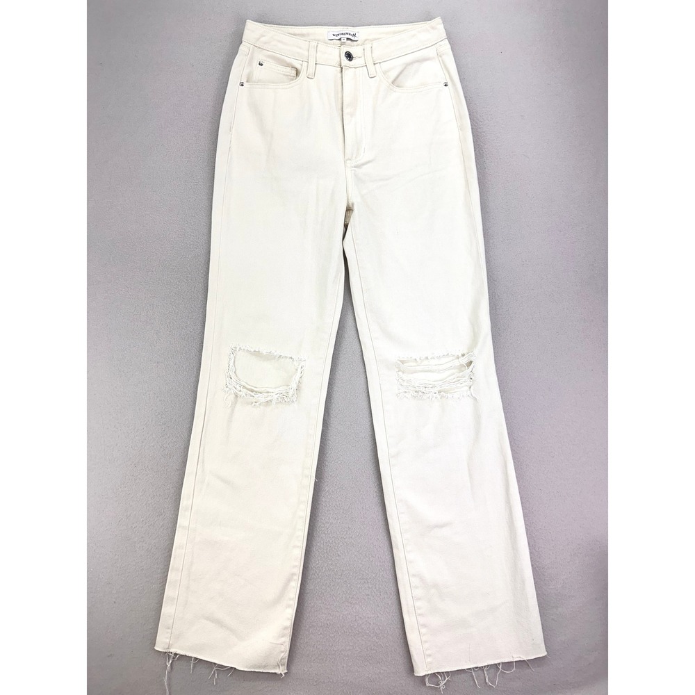WeWoreWhat Jeans Womens 27 Cream Distressed High Rise‎ Straight Leg Cotton